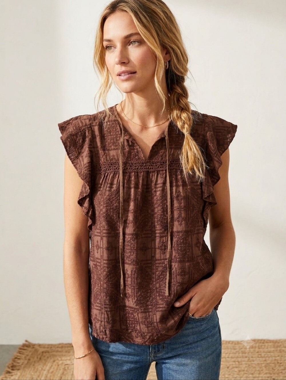 Embroidered Brown Ruffle-Sleeve Tie-Front Blouse